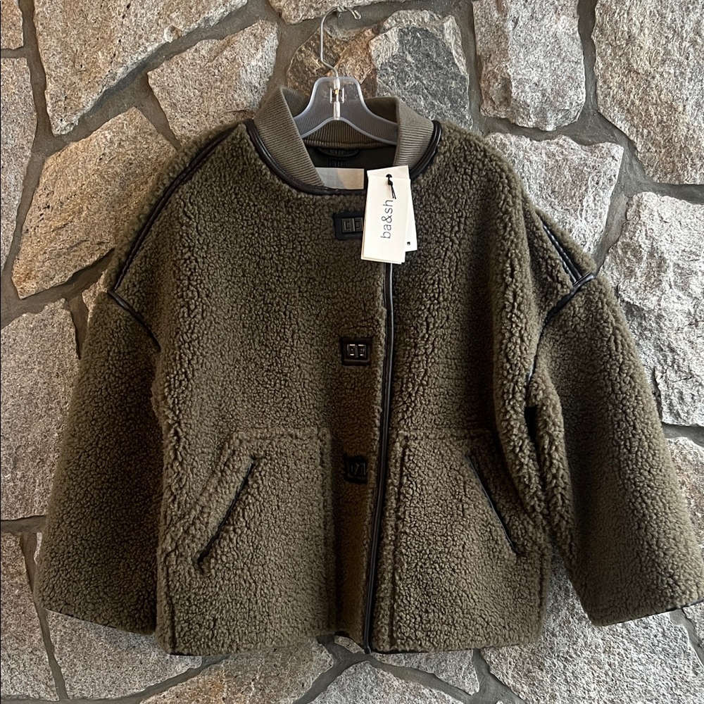 NWT ba&sh Olive Green Sherpa Pea Coat - Picture 2 of 13